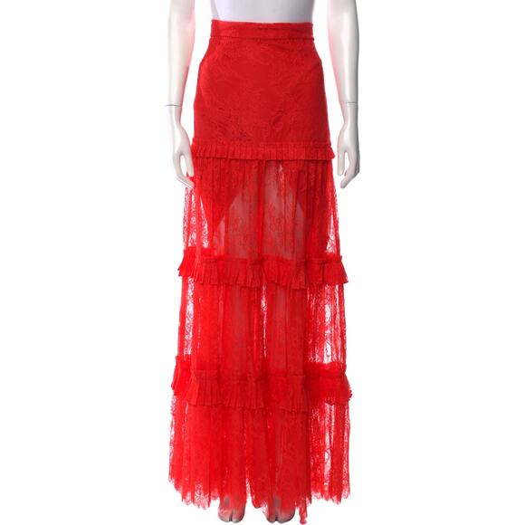 Alexis Yedda Tiered Pleated Chantilly Lace Maxi Skirt Red - Picture 3 of 5